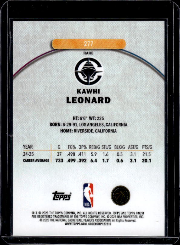 2025-26 Finest #277 Kawhi Leonard Gold Refractor #/20