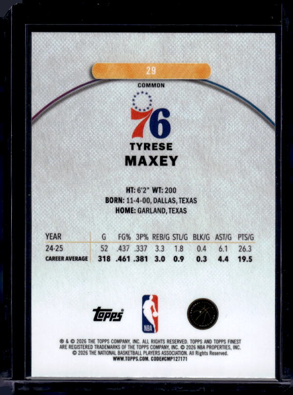 2025-26 Finest #29 Tyrese Maxey Oil Spill Refractor