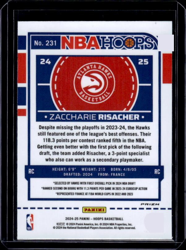 2024-25 Hoops #231 Zaccharie Risacher Premium Prizms Green
