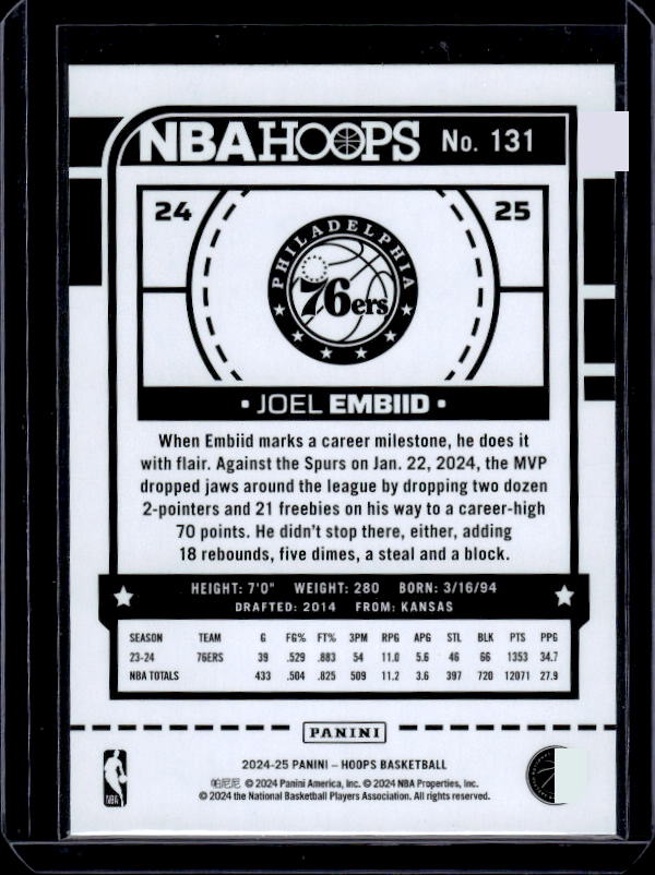 2024-25 Hoops #131 Joel Embiid Purple