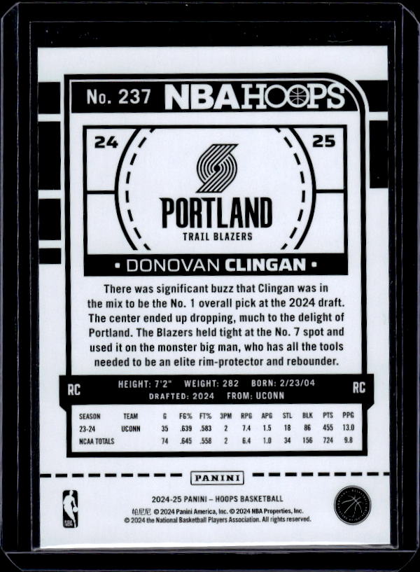 2024-25 Hoops #237 Donovan Clingan Purple