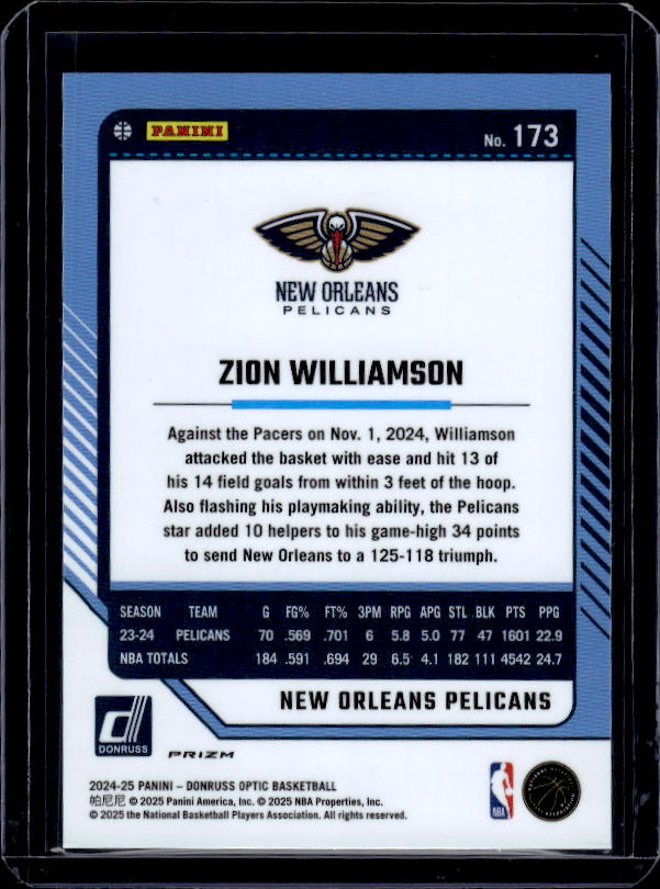 2024-25 Donruss Optic #173 Zion Williamson Purple