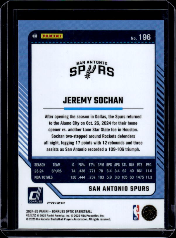 2024-25 Donruss Optic #196 Jeremy Sochan Purple