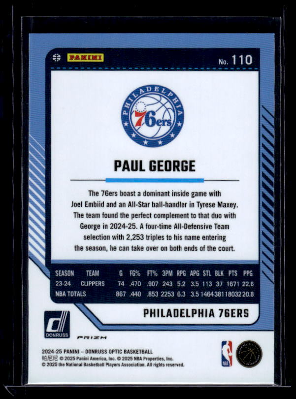 2024-25 Donruss Optic #110 Paul George Purple