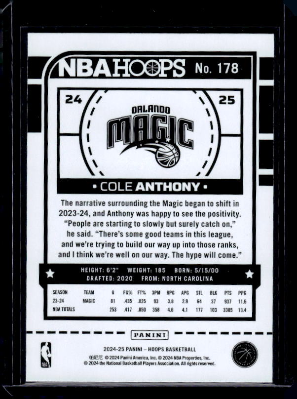 2024-25 Hoops #178 Cole Anthony Purple