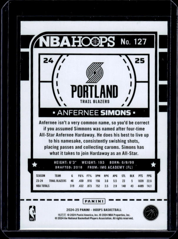 2024-25 Hoops #127 Anfernee Simons Purple