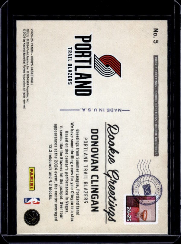 2024-25 Hoops #5 Donovan Clingan Rookie Greetings