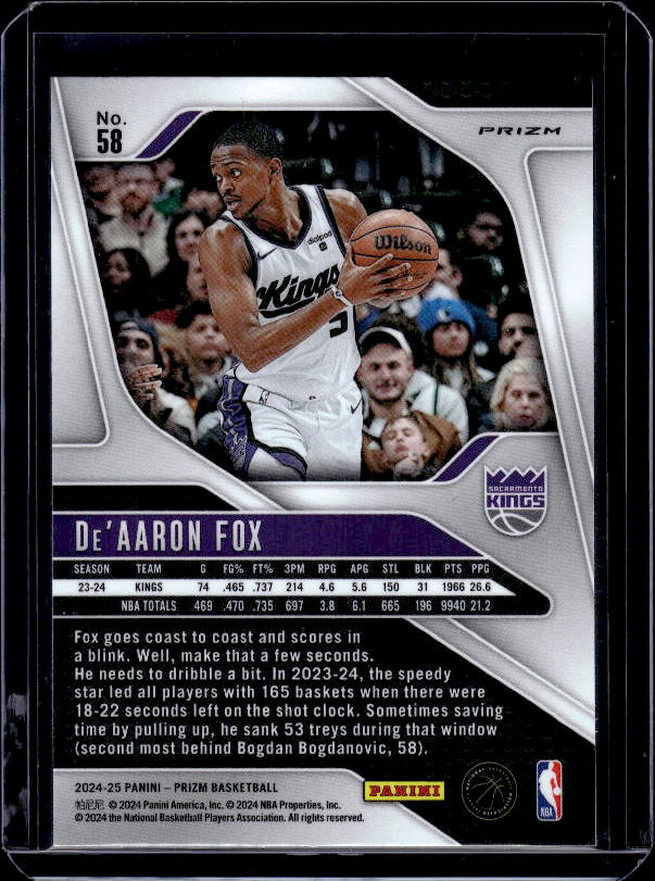 2024-25 Panini Prizm #58 De'Aaron Fox Prizms Orange Ice