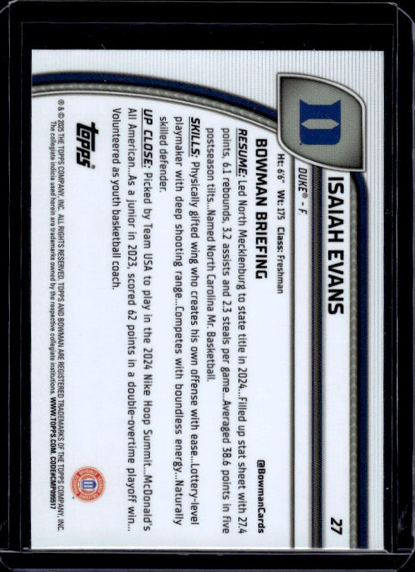 2024-25 Bowman University Chrome #27 Isaiah Evans