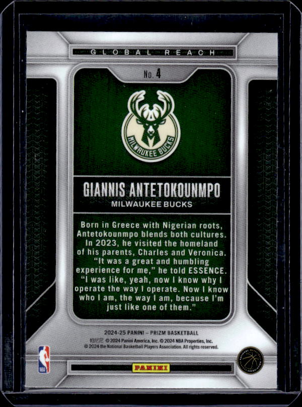2024-25 Panini Prizm #4 Giannis Antetokounmpo Global Reach
