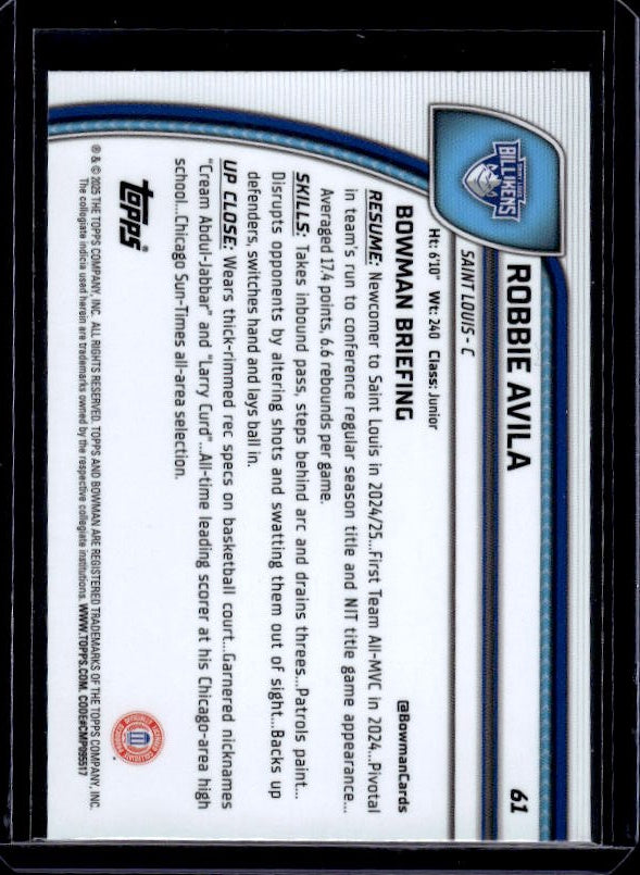 2024-25 Bowman University Chrome #61 Robbie Avila Green Shimmer Refractor