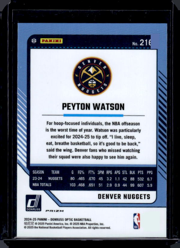 2024-25 Donruss Optic #216 Peyton Watson Holo