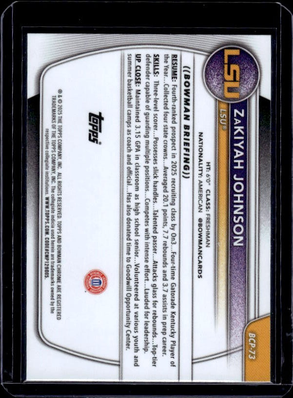 2025-26 Bowman #BCP-73 ZaKiyah Johnson Chrome Prospects Reptilian Refractor