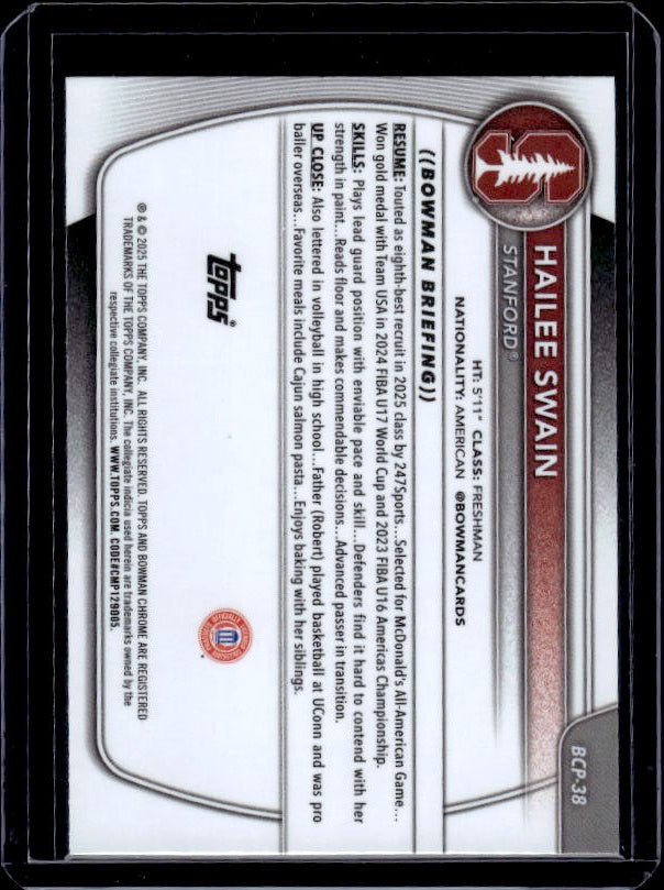2025-26 Bowman #BCP-38 Hailee Swain Chrome Prospects Reptilian Refractor