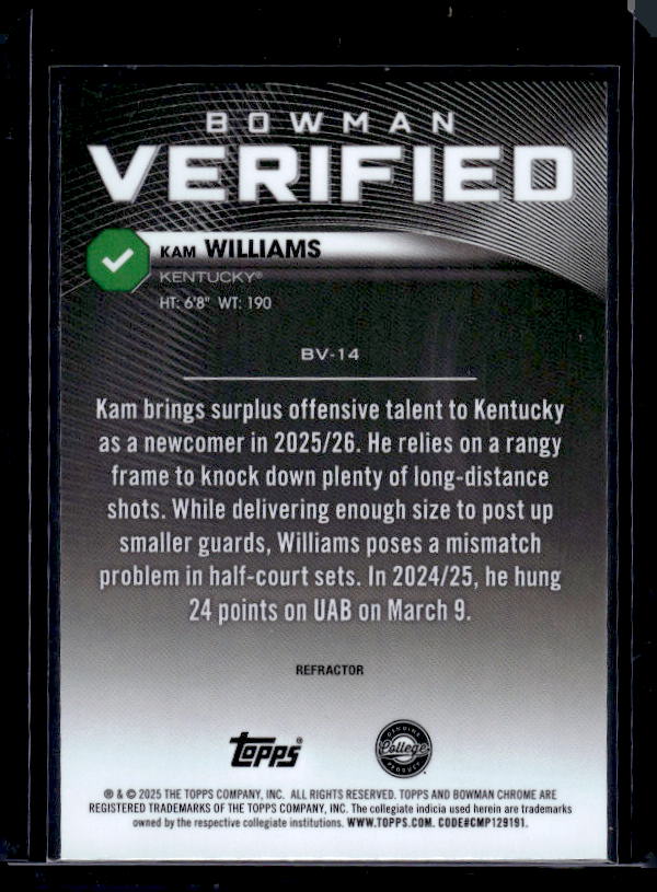 2025-26 Bowman #BV-14 Kam Williams Bowman Verified Refractor