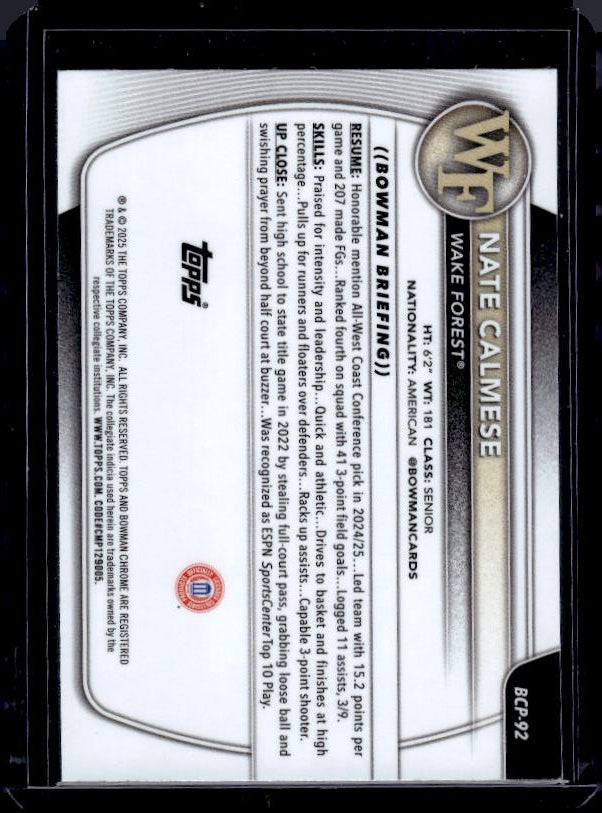 2025-26 Bowman #BCP-92 Nate Calmese Chrome Prospects