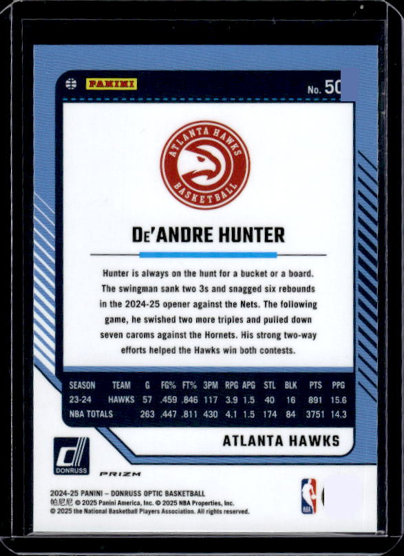 2024-25 Donruss Optic #50 De'Andre Hunter Purple