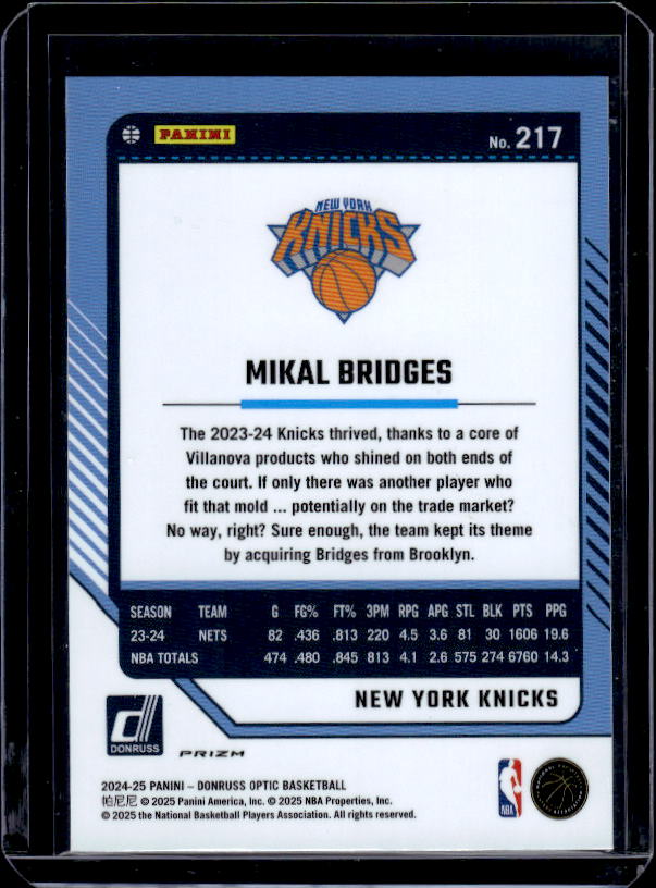 2024-25 Donruss Optic #217 Mikal Bridges Purple