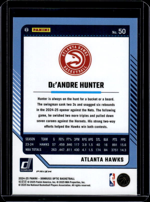 2024-25 Donruss Optic #50 De'Andre Hunter Purple