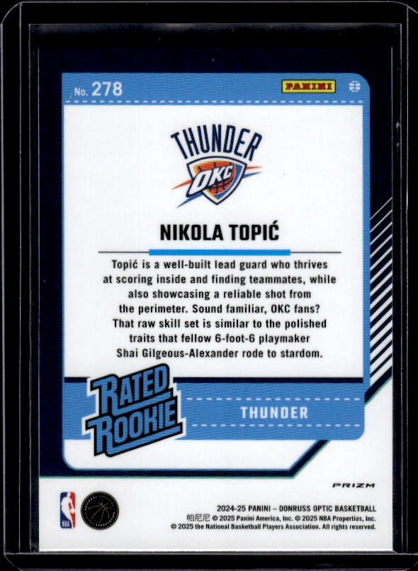 2024-25 Donruss Optic #278 Nikola Topic Holo