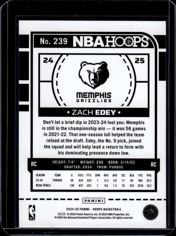 2024-25 Hoops #239 Zach Edey Purple
