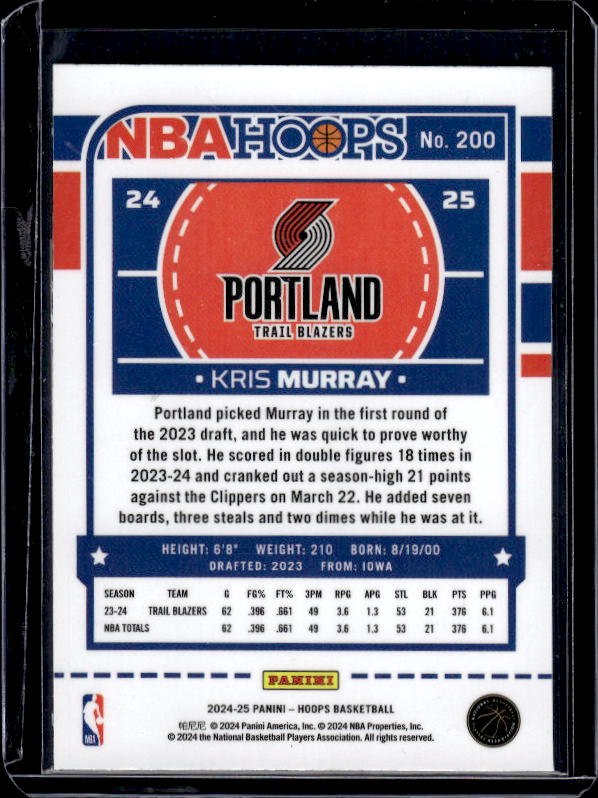 2024-25 Hoops #200 Kris Murray Premium