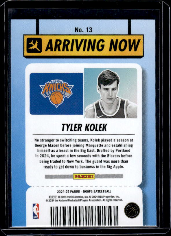 2024-25 Hoops #13 Tyler Kolek Arriving Now Holo