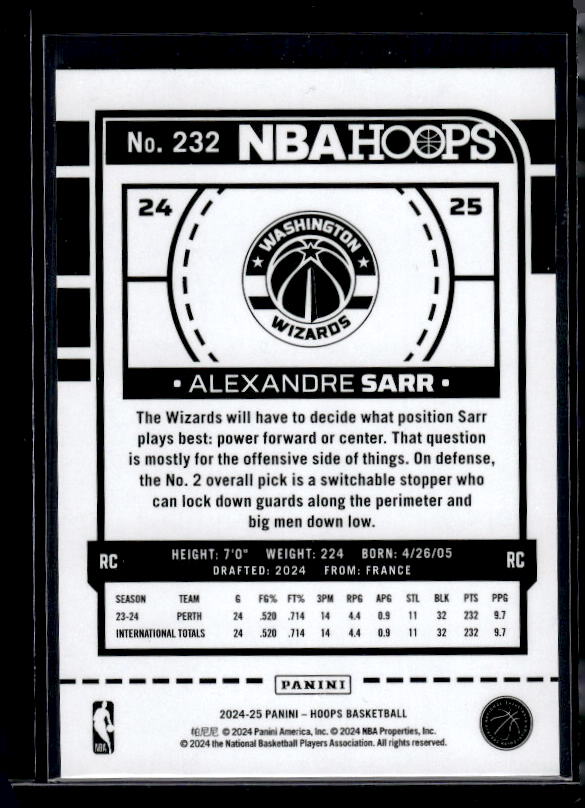 2024-25 Hoops #232 Alexandre Sarr Purple