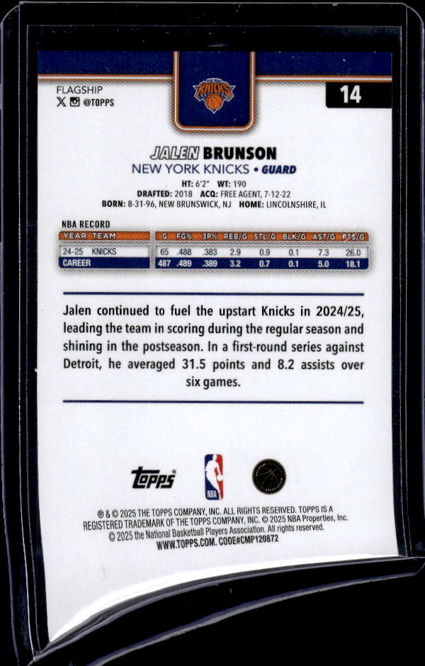 2025-26 Topps #14 Jalen Brunson Season Tip Off