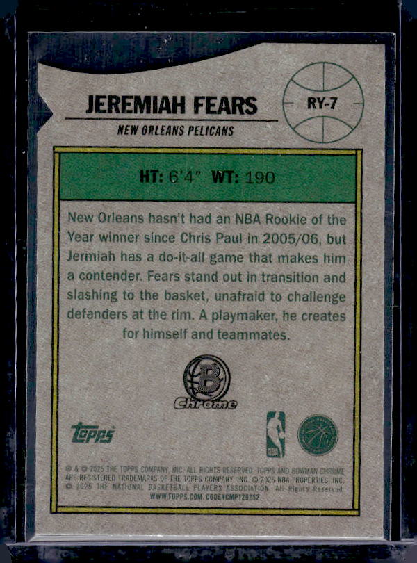 2025-26 Bowman #RY-7 Jeremiah Fears Rookie Of The Year Favorites