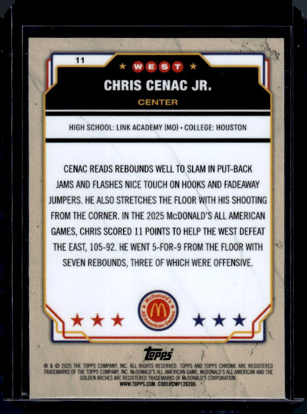 2025 Topps Chrome McDonald's All American #11 Chris Cenac Jr.