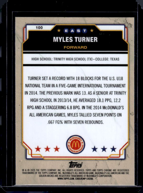 2025 Topps Chrome McDonald's All American #100 Myles Turner