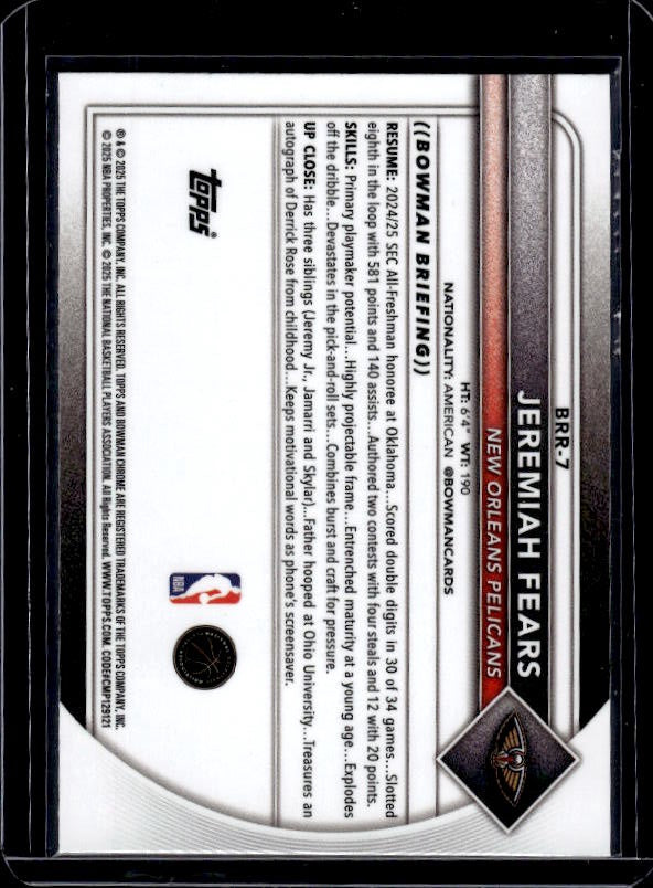 2025-26 Bowman #BRR-7 Jeremiah Fears Chrome Rookie Red RC Logo