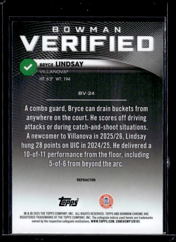 2025-26 Bowman #BV-24 Bryce Lindsay Bowman Verified Refractor