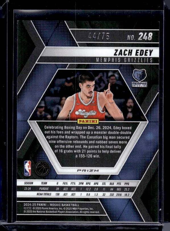 2024-25 Panini Mosaic #248 Zach Edey Red Fluorescent Mosaic #/75