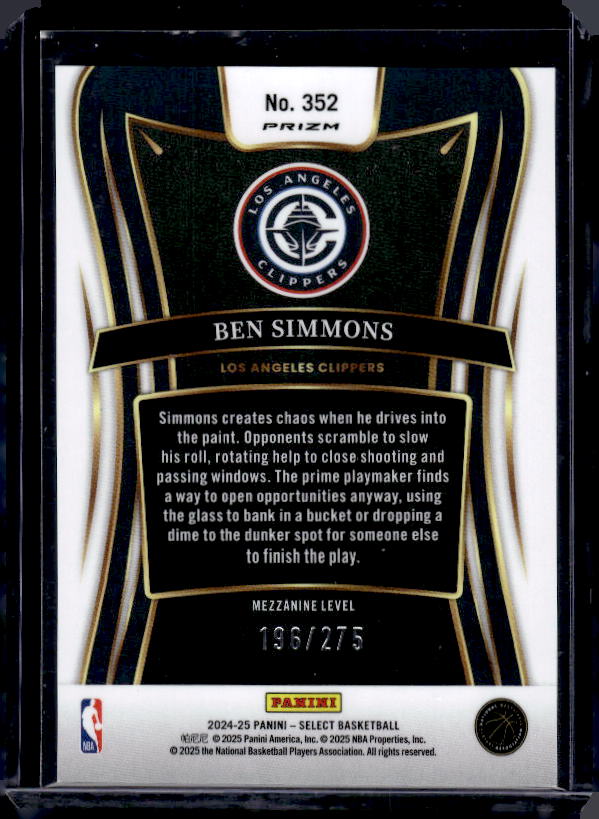 2024-25 Panini Select #352 Ben Simmons Orange Cracked Ice Prizm #/275