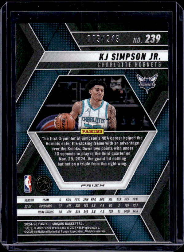 2024-25 Panini Mosaic #239 KJ Simpson Jr. Purple Fluorescent Mosaic #/249