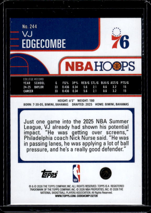 2025-26 Hoops #244 VJ Edgecombe