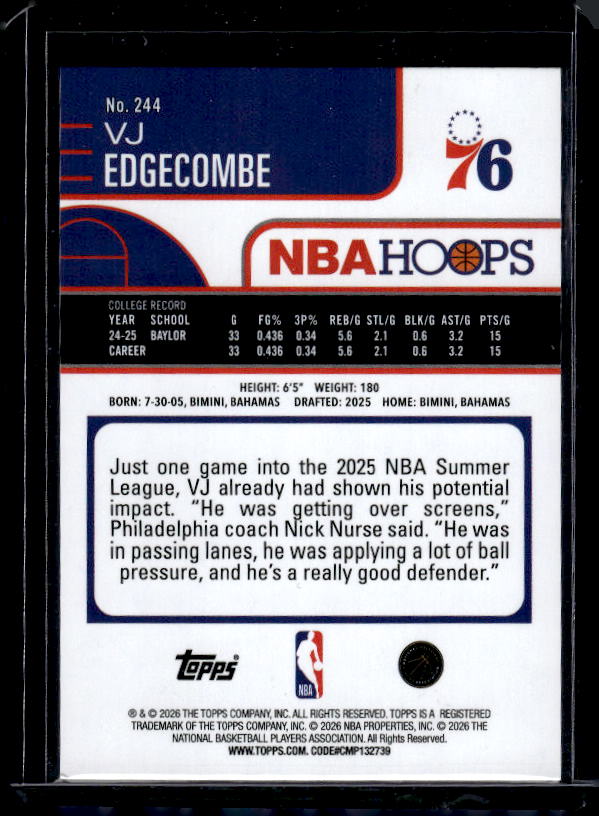 2025-26 Hoops #244 VJ Edgecombe