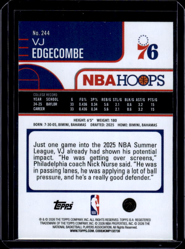 2025-26 Hoops #244 VJ Edgecombe