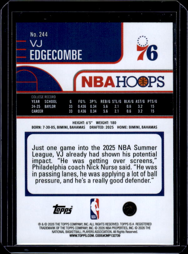 2025-26 Hoops #244 VJ Edgecombe
