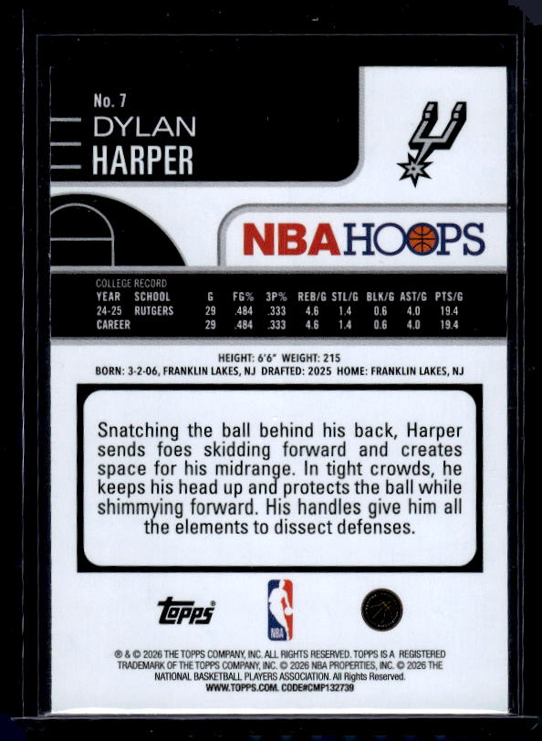 2025-26 Hoops #7 Dylan Harper