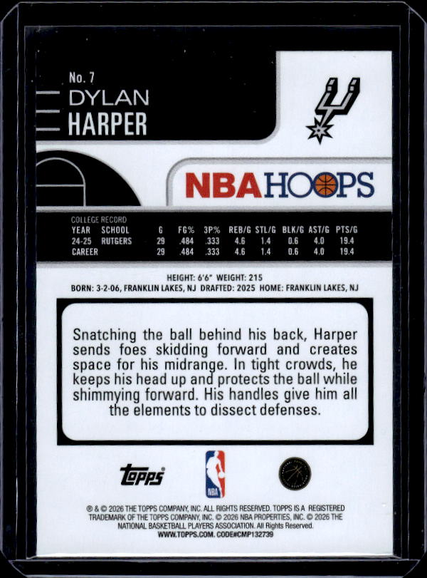 2025-26 Hoops #7 Dylan Harper