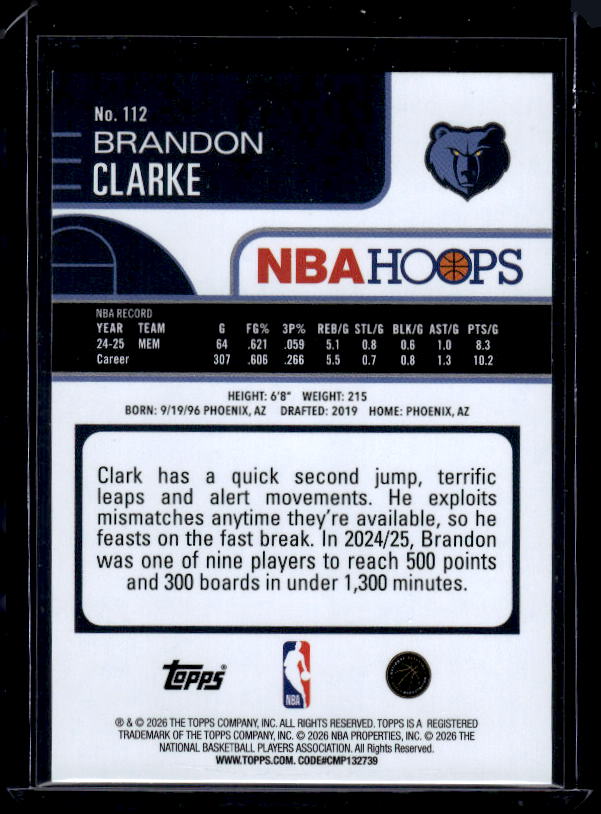2025-26 Hoops #112 Brandon Clarke Orange Hoops