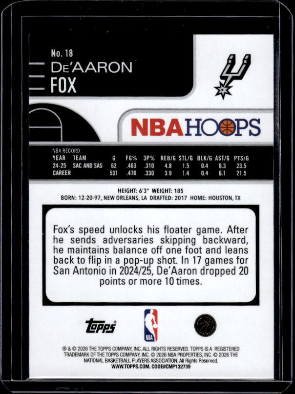 2025-26 Hoops #18 De'Aaron Fox Orange Hoops