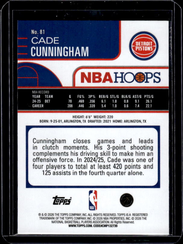 2025-26 Hoops #81 Cade Cunningham Green Hoops