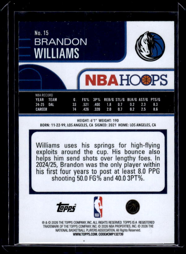 2025-26 Hoops #15 Brandon Williams Rainbow