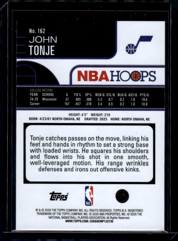 2025-26 Hoops #162 John Tonje Yellow and Blue /275