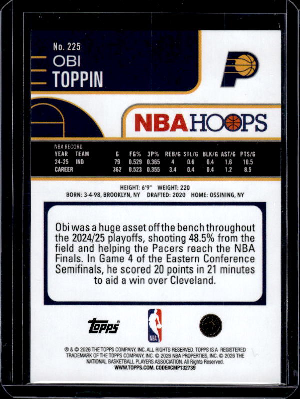 2025-26 Hoops #225 Obi Toppin Rainbow Teal #/299
