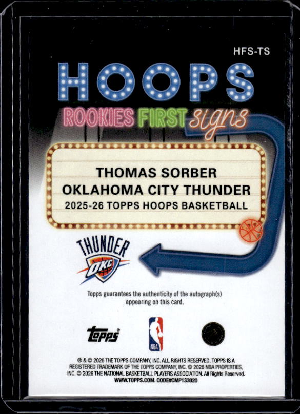 2025-26 Hoops #HFS-TS Thomas Sorber Hoops Rookie First Signs